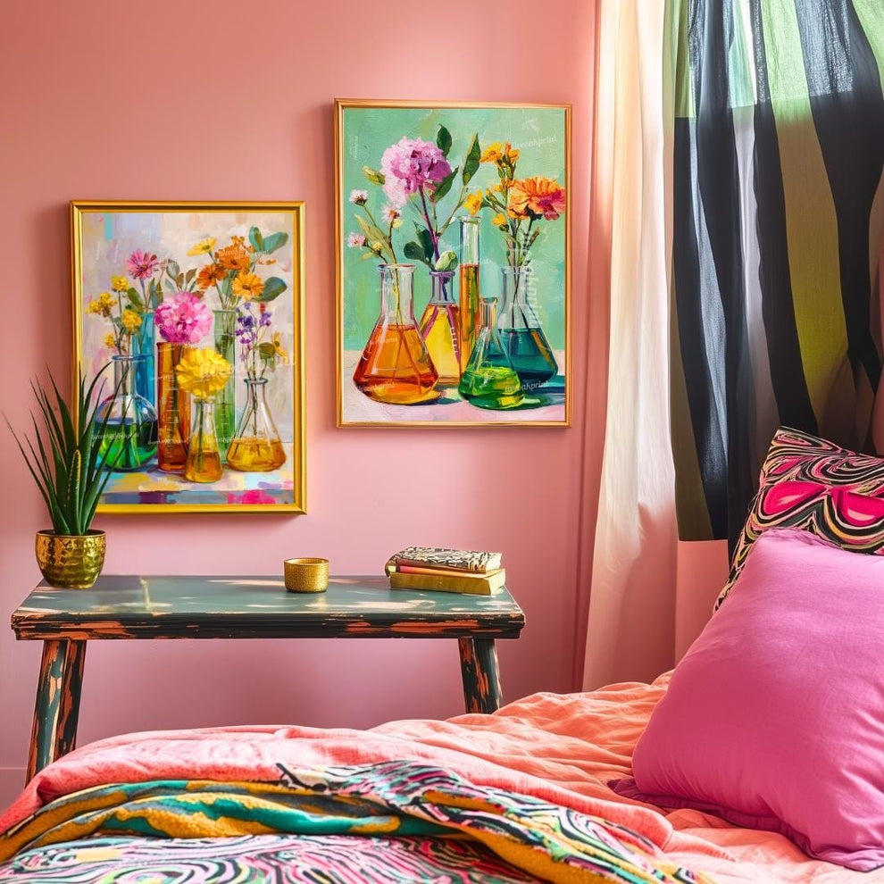 Floral Beaker Wall Art Set – Colorful Science-Inspired Flower Prints for Lab Decor, Classroom, or Whimsical Home Gallery