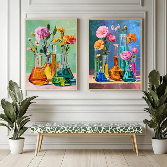 Colorful Science Beaker Flower Art Prints – Set of 2 |Botanical Chemistry Wall Art Bright Floral Laboratory Decor STEM-Inspired Wall Art