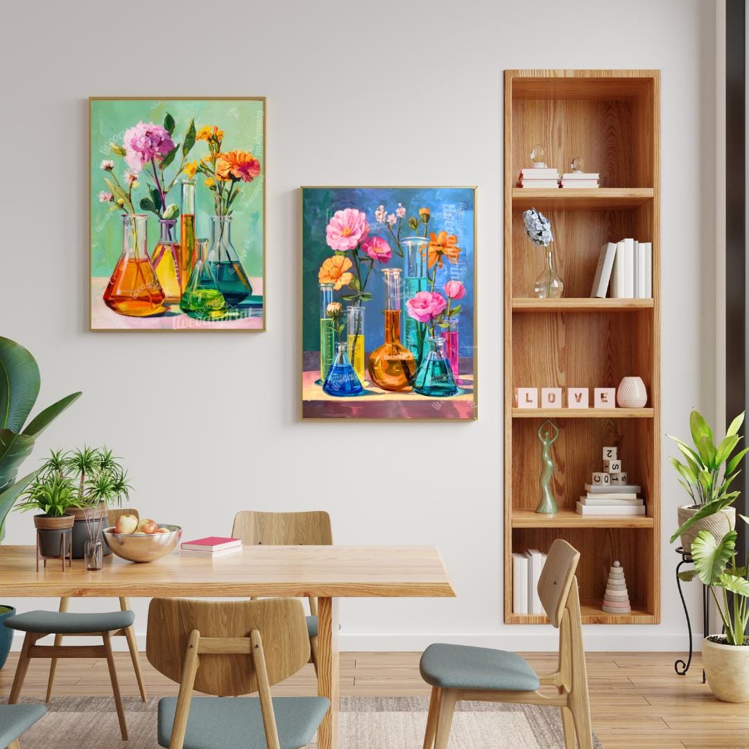 Colorful Science Beaker Flower Art Prints – Set of 2 |Botanical Chemistry Wall Art Bright Floral Laboratory Decor STEM-Inspired Wall Art