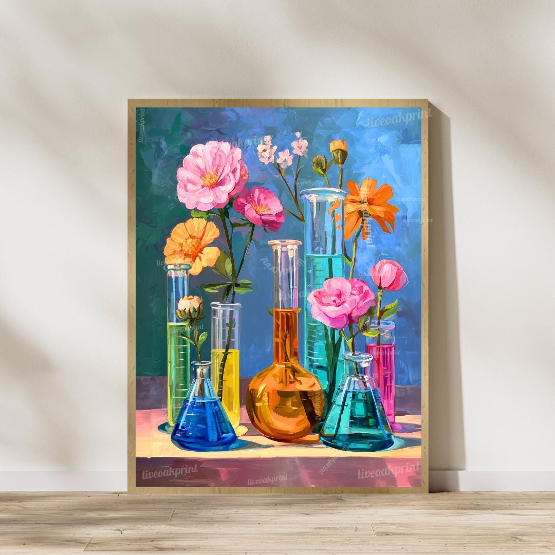 Colorful Science Beaker Flower Art Prints – Set of 2 |Botanical Chemistry Wall Art Bright Floral Laboratory Decor STEM-Inspired Wall Art