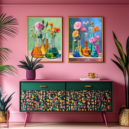 Colorful Science Beaker Flower Art Prints – Set of 2 |Botanical Chemistry Wall Art Bright Floral Laboratory Decor STEM-Inspired Wall Art