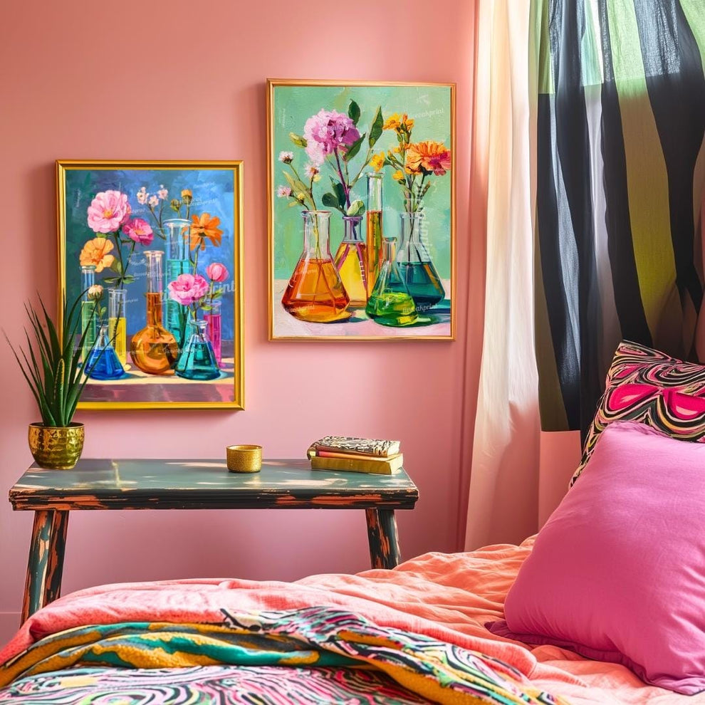 Colorful Science Beaker Flower Art Prints – Set of 2 |Botanical Chemistry Wall Art Bright Floral Laboratory Decor STEM-Inspired Wall Art