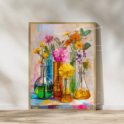 Colorful Beaker Flower Art Print Set – Science Lab Floral Wall Art Duo | Bright Botanical Chemistry Decor | Whimsical STEM-Inspired Prints