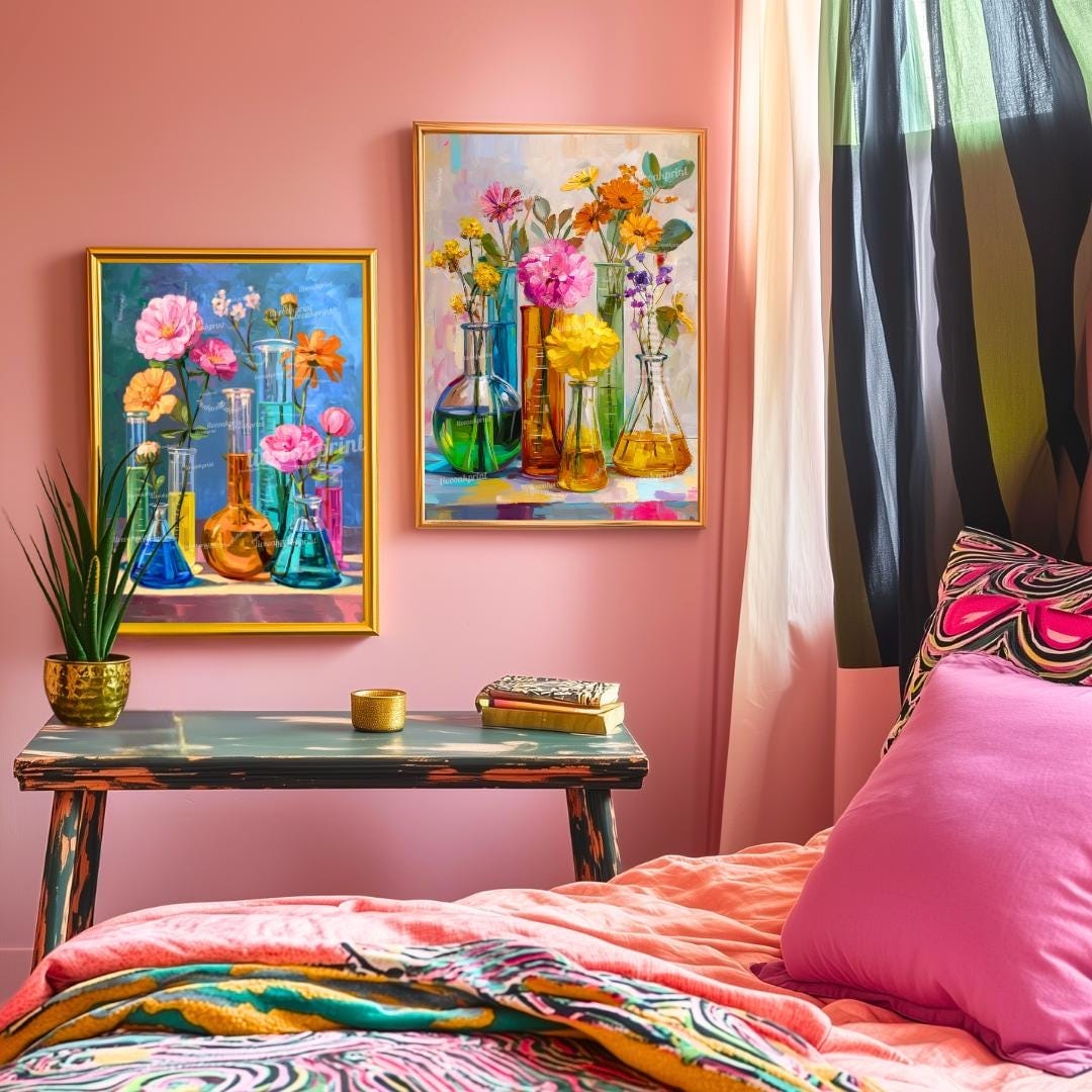 Colorful Beaker Flower Art Print Set – Science Lab Floral Wall Art Duo | Bright Botanical Chemistry Decor | Whimsical STEM-Inspired Prints