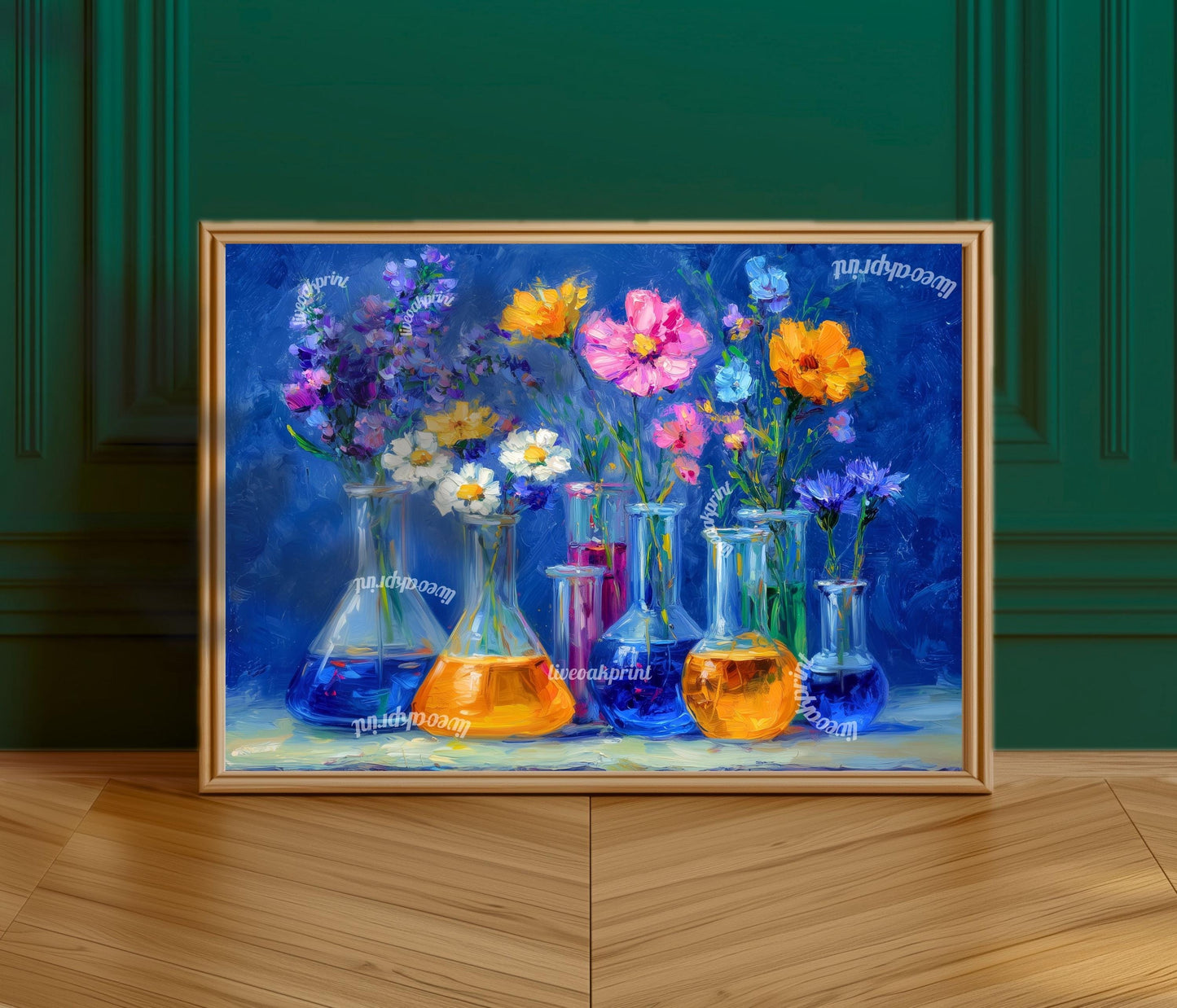 Midnight Lab Floral Art Print – Blue Beaker Flower Wall Art | Moody Botanical Science Poster | Vibrant Chemistry-Inspired Decor