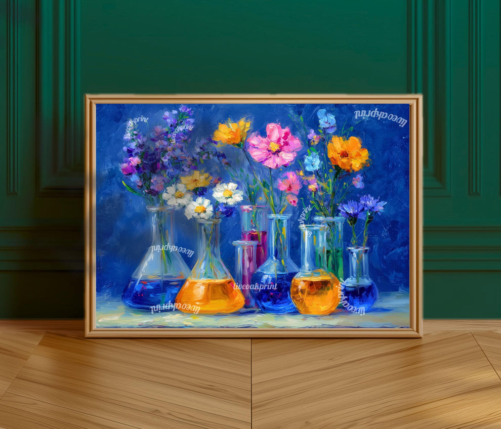 Midnight Lab Floral Art Print – Blue Beaker Flower Wall Art | Moody Botanical Science Poster | Vibrant Chemistry-Inspired Decor