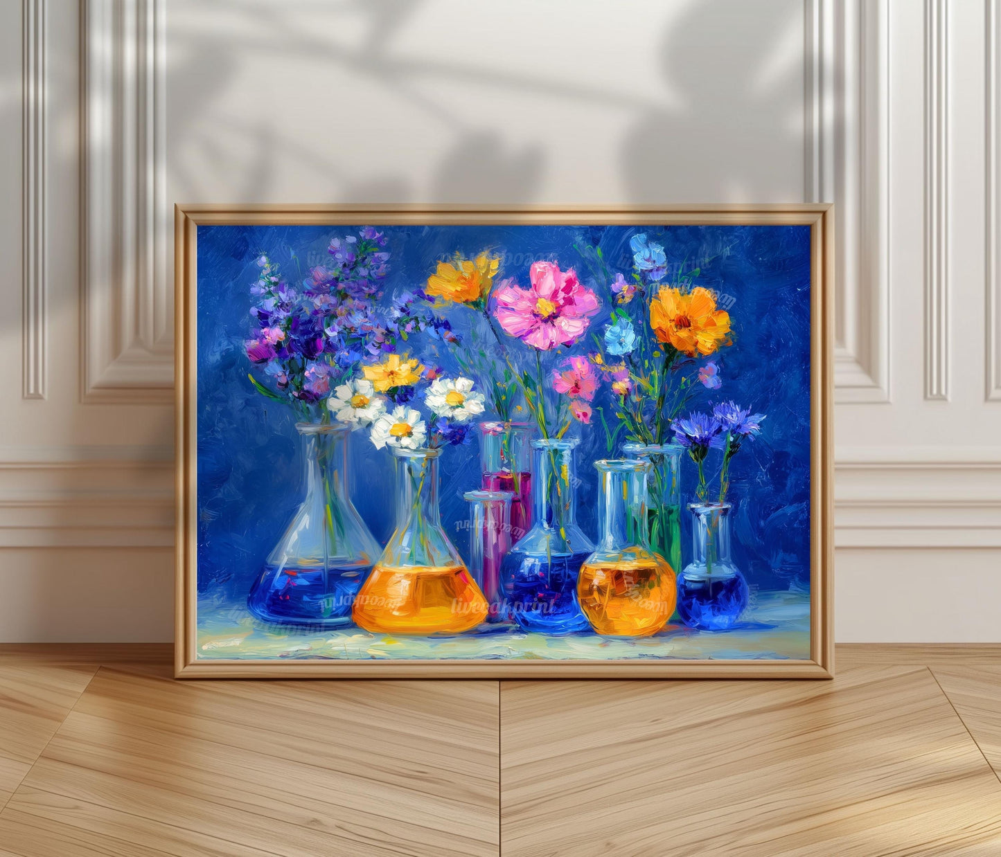 Midnight Lab Floral Art Print – Blue Beaker Flower Wall Art | Moody Botanical Science Poster | Vibrant Chemistry-Inspired Decor