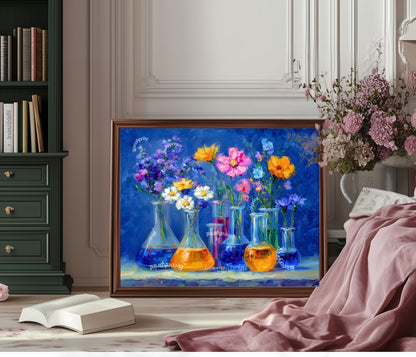 Midnight Lab Floral Art Print – Blue Beaker Flower Wall Art | Moody Botanical Science Poster | Vibrant Chemistry-Inspired Decor