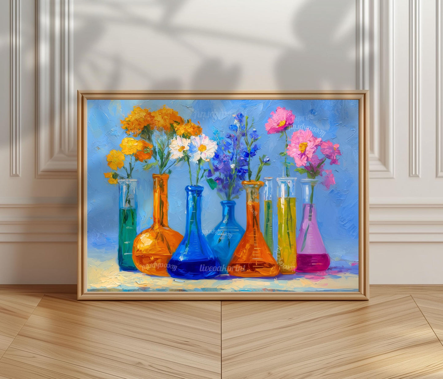 Sunshine Lab Floral Art Print – Bright Beaker Wall Art with Yellow & Pink Flowers | Colorful Science Poster for Cheerful Home Decor