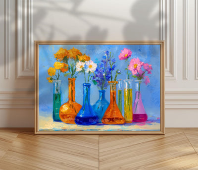 Sunshine Lab Floral Art Print – Bright Beaker Wall Art with Yellow & Pink Flowers | Colorful Science Poster for Cheerful Home Decor