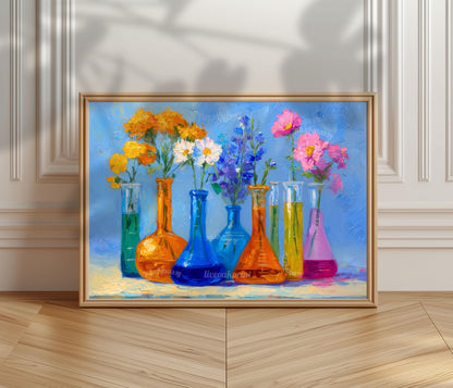 Sunshine Lab Floral Art Print – Bright Beaker Wall Art with Yellow & Pink Flowers | Colorful Science Poster for Cheerful Home Decor