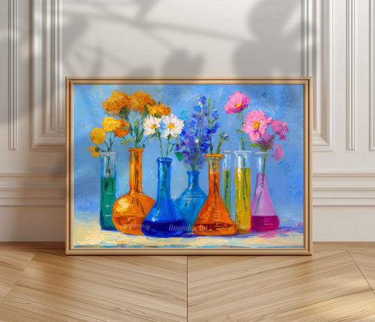 Sunshine Lab Floral Art Print – Bright Beaker Wall Art with Yellow & Pink Flowers | Colorful Science Poster for Cheerful Home Decor