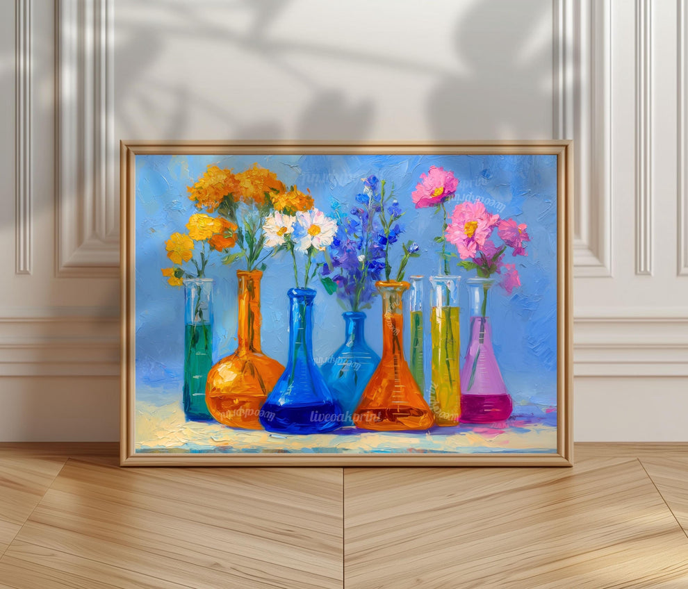 Sunshine Lab Floral Art Print – Bright Beaker Wall Art with Yellow & Pink Flowers | Colorful Science Poster for Cheerful Home Decor