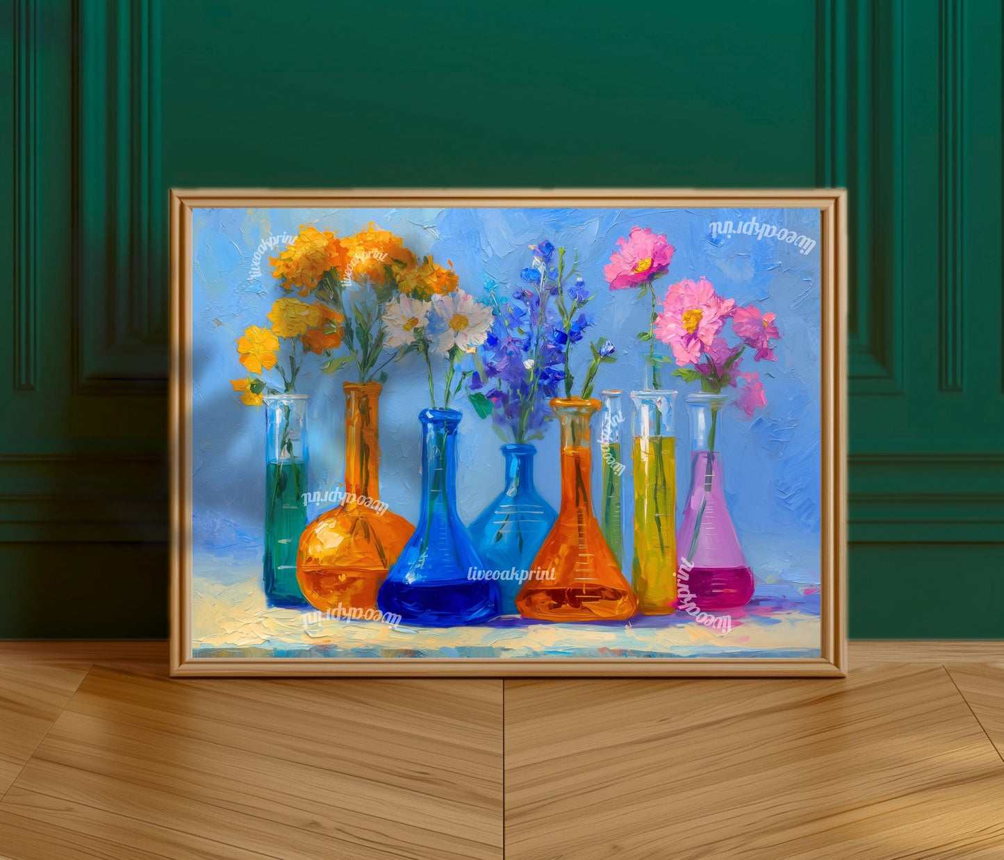 Sunshine Lab Floral Art Print – Bright Beaker Wall Art with Yellow & Pink Flowers | Colorful Science Poster for Cheerful Home Decor