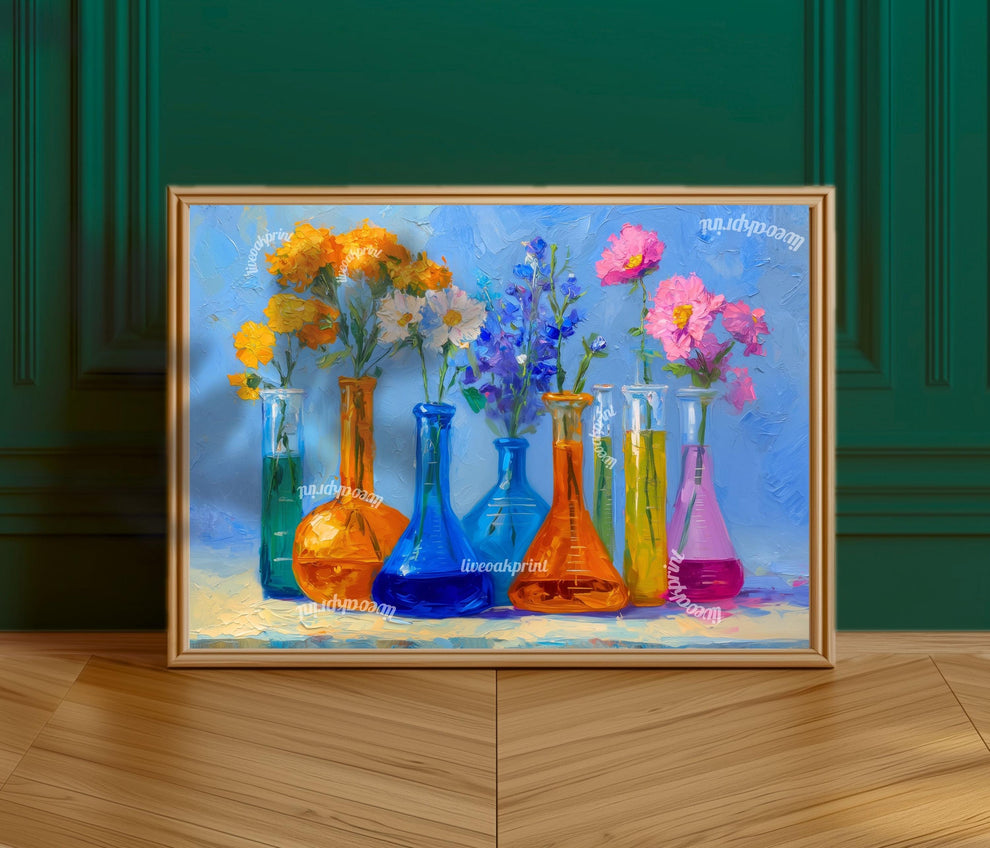 Sunshine Lab Floral Art Print – Bright Beaker Wall Art with Yellow & Pink Flowers | Colorful Science Poster for Cheerful Home Decor