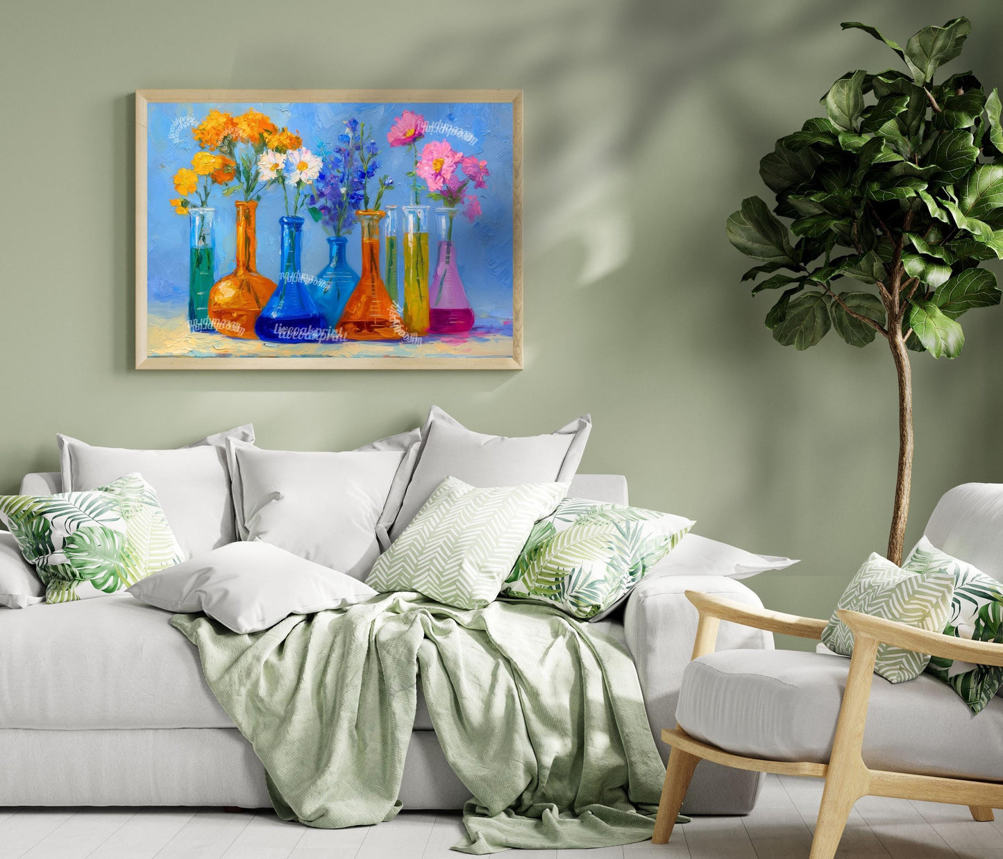 Sunshine Lab Floral Art Print – Bright Beaker Wall Art with Yellow & Pink Flowers | Colorful Science Poster for Cheerful Home Decor