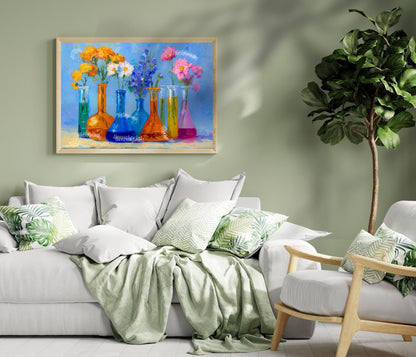 Sunshine Lab Floral Art Print – Bright Beaker Wall Art with Yellow & Pink Flowers | Colorful Science Poster for Cheerful Home Decor