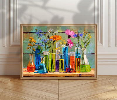 Botanical Chemistry Lab Wall Art – Colorful Beakers & Wildflowers Science Poster | Whimsical Floral Art Print for Nature Lovers and Nerds