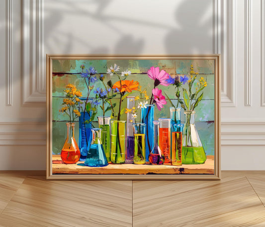 Botanical Chemistry Lab Wall Art – Colorful Beakers & Wildflowers Science Poster | Whimsical Floral Art Print for Nature Lovers and Nerds