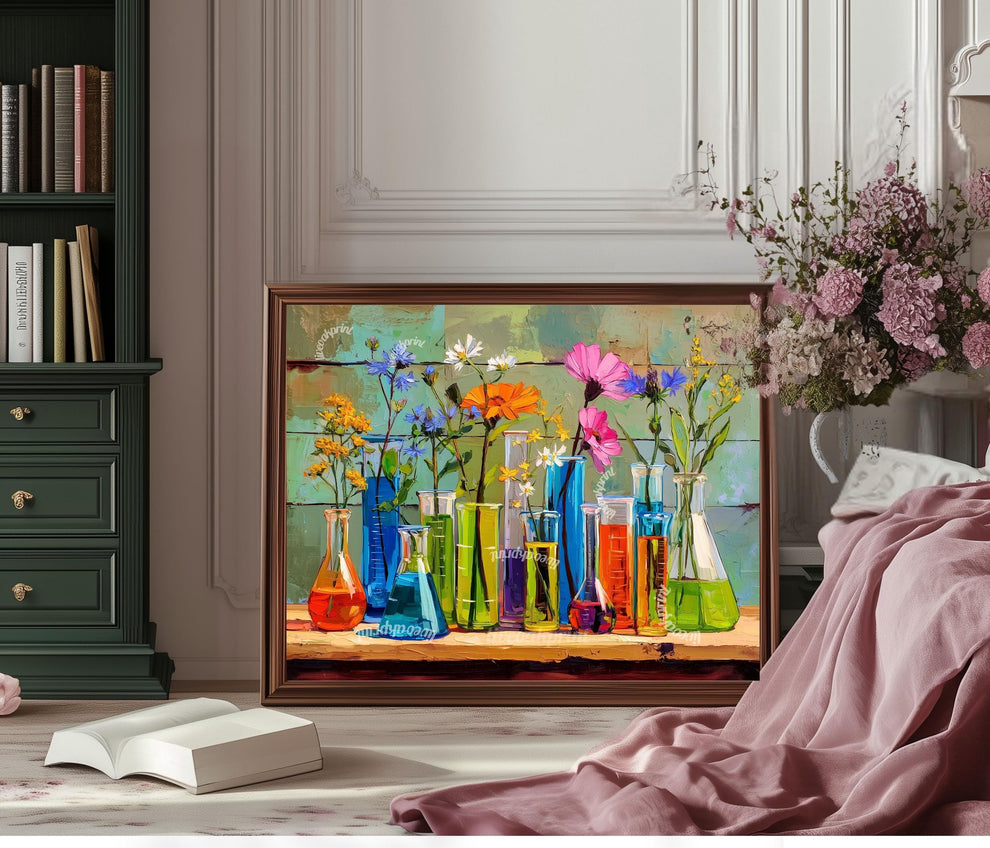 Botanical Chemistry Lab Wall Art – Colorful Beakers & Wildflowers Science Poster | Whimsical Floral Art Print for Nature Lovers and Nerds