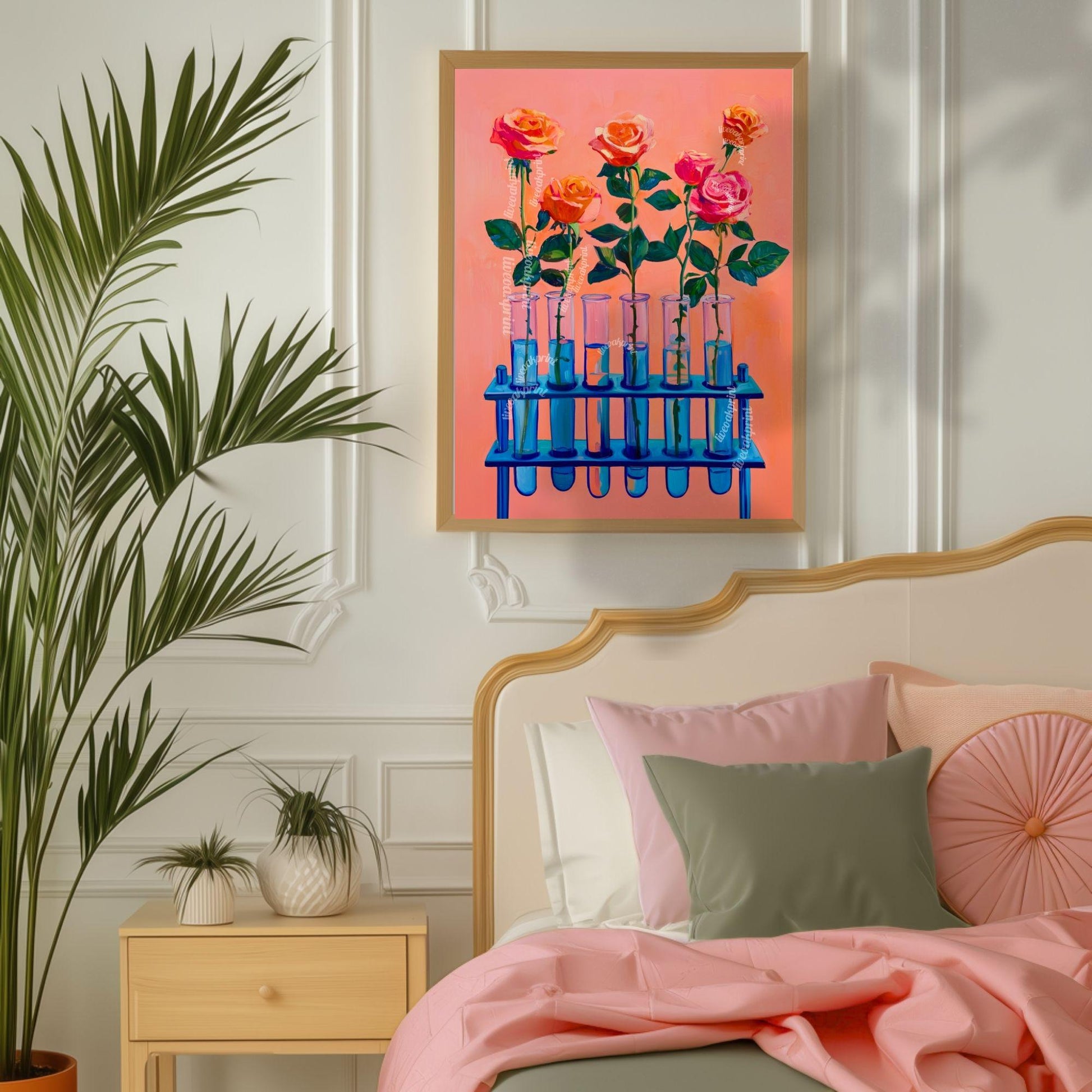 Roses in Test Tubes Art Print – Pink Floral Science Wall Art for Plant Lovers, Teachers, Scientists, Whimsical Botanical Home Decor