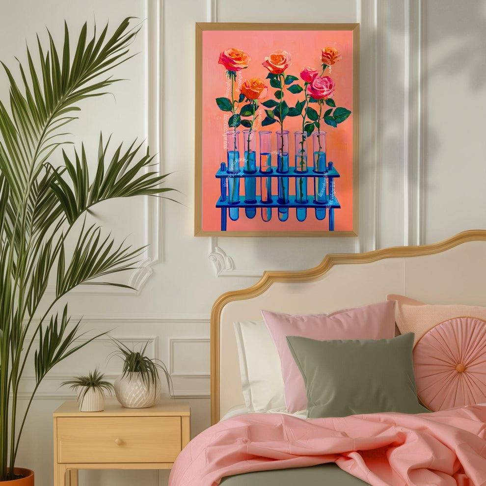 Roses in Test Tubes Art Print – Pink Floral Science Wall Art for Plant Lovers, Teachers, Scientists, Whimsical Botanical Home Decor