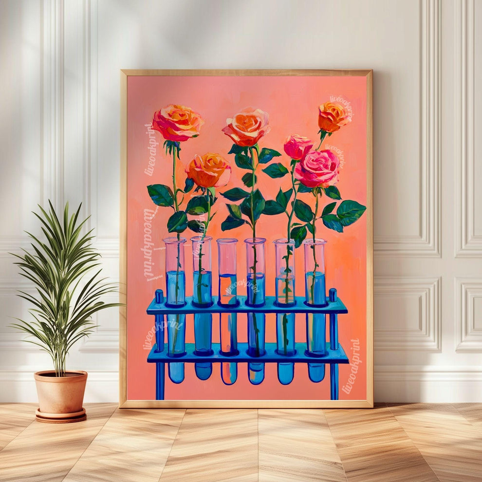 Roses in Test Tubes Art Print – Pink Floral Science Wall Art for Plant Lovers, Teachers, Scientists, Whimsical Botanical Home Decor