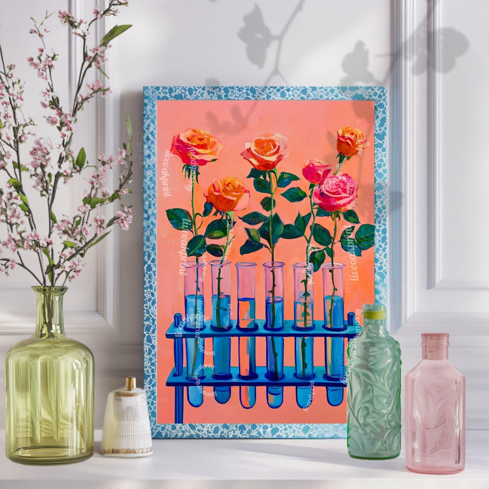 Roses in Test Tubes Art Print – Pink Floral Science Wall Art for Plant Lovers, Teachers, Scientists, Whimsical Botanical Home Decor