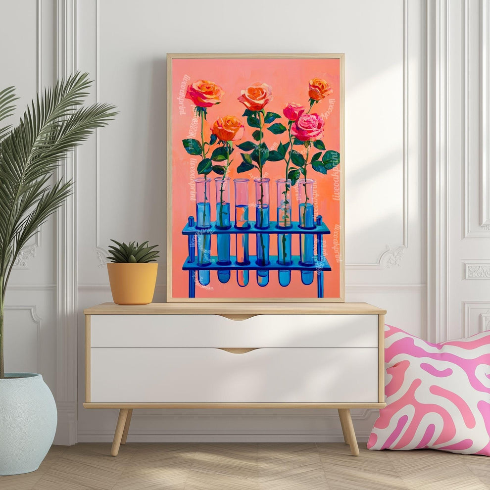 Roses in Test Tubes Art Print – Pink Floral Science Wall Art for Plant Lovers, Teachers, Scientists, Whimsical Botanical Home Decor