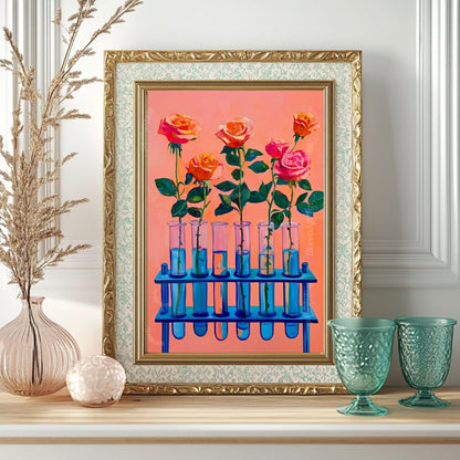 Roses in Test Tubes Art Print – Pink Floral Science Wall Art for Plant Lovers, Teachers, Scientists, Whimsical Botanical Home Decor