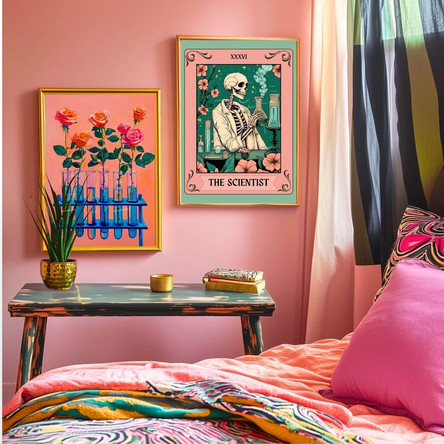 Roses in Test Tubes Art Print – Pink Floral Science Wall Art for Plant Lovers, Teachers, Scientists, Whimsical Botanical Home Decor