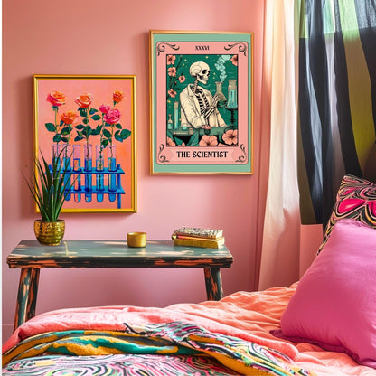 Roses in Test Tubes Art Print – Pink Floral Science Wall Art for Plant Lovers, Teachers, Scientists, Whimsical Botanical Home Decor