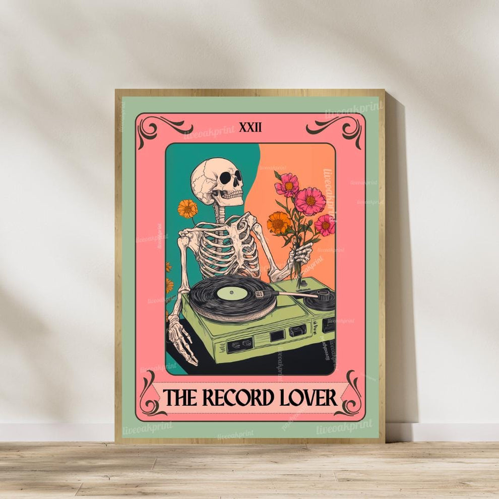 Set of Two Skeleton Record Lover Tarot Art Print Set – Retro Music Skeleton Wall Art for Vinyl Collectors, Goth Decor, Music Lover Gift