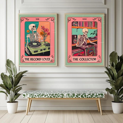 Set of Two Skeleton Record Lover Tarot Art Print Set – Retro Music Skeleton Wall Art for Vinyl Collectors, Goth Decor, Music Lover Gift