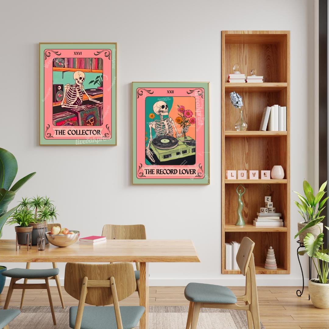 Set of Two Skeleton Record Lover Tarot Art Print Set – Retro Music Skeleton Wall Art for Vinyl Collectors, Goth Decor, Music Lover Gift