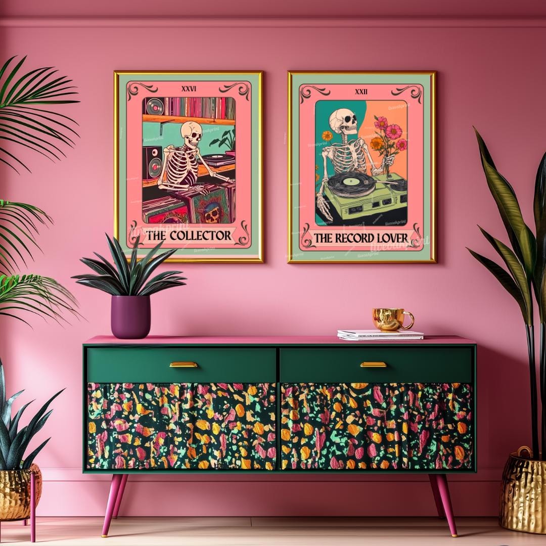 Set of Two Skeleton Record Lover Tarot Art Print Set – Retro Music Skeleton Wall Art for Vinyl Collectors, Goth Decor, Music Lover Gift