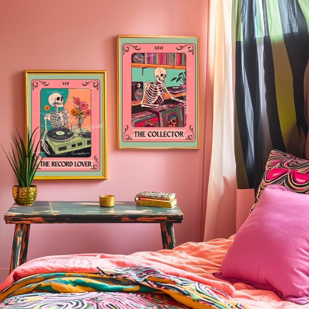 Set of Two Skeleton Record Lover Tarot Art Print Set – Retro Music Skeleton Wall Art for Vinyl Collectors, Goth Decor, Music Lover Gift