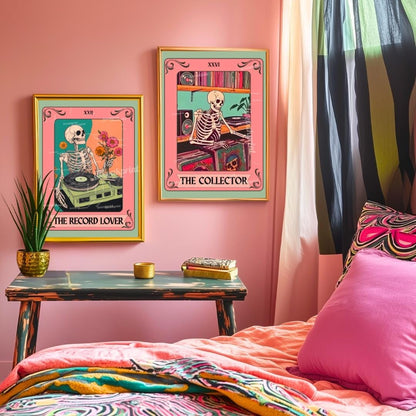 Set of Two Skeleton Record Lover Tarot Art Print Set – Retro Music Skeleton Wall Art for Vinyl Collectors, Goth Decor, Music Lover Gift