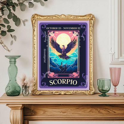 Scorpio Tarot Print – Scorpio Gift, Zodiac Wall Art Astrology Decor Mysterious Water Sign Poster October Birthday Scorpio Art Print