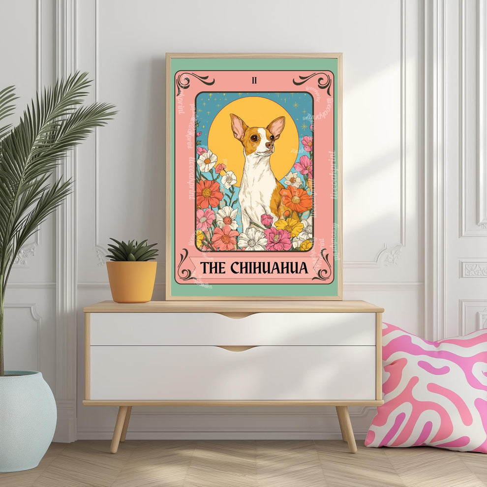 The Chihuahua Tarot Print – Boho Dog Wall Art for Chihuahua Lovers, Mystical Tarot-Inspired Poster, Whimsical Pet Lover Gift Chihuahua Decor