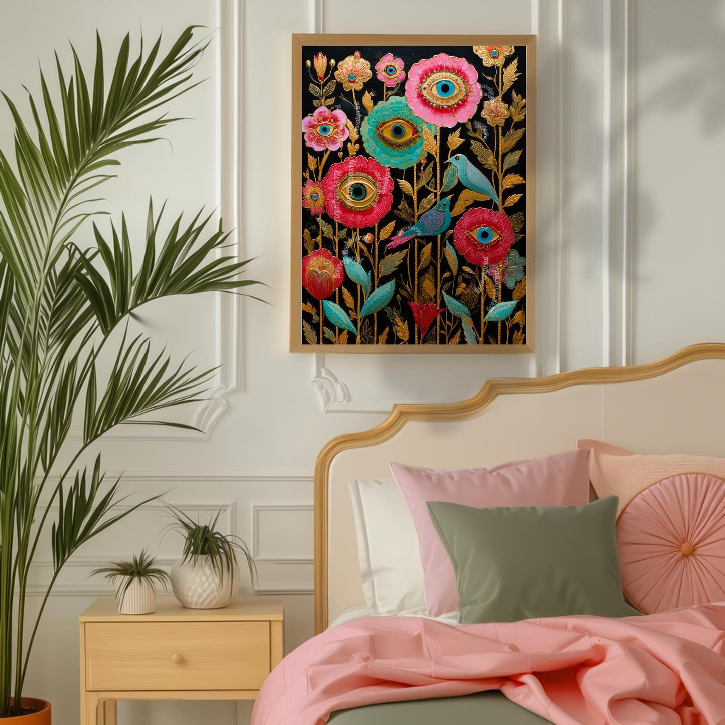 Surreal Flower Eye and Birds Art Print– Gold Botanical Wall Art with Birds, Mystical Garden Decor, Trippy Boho Print for Living Room Bedroom