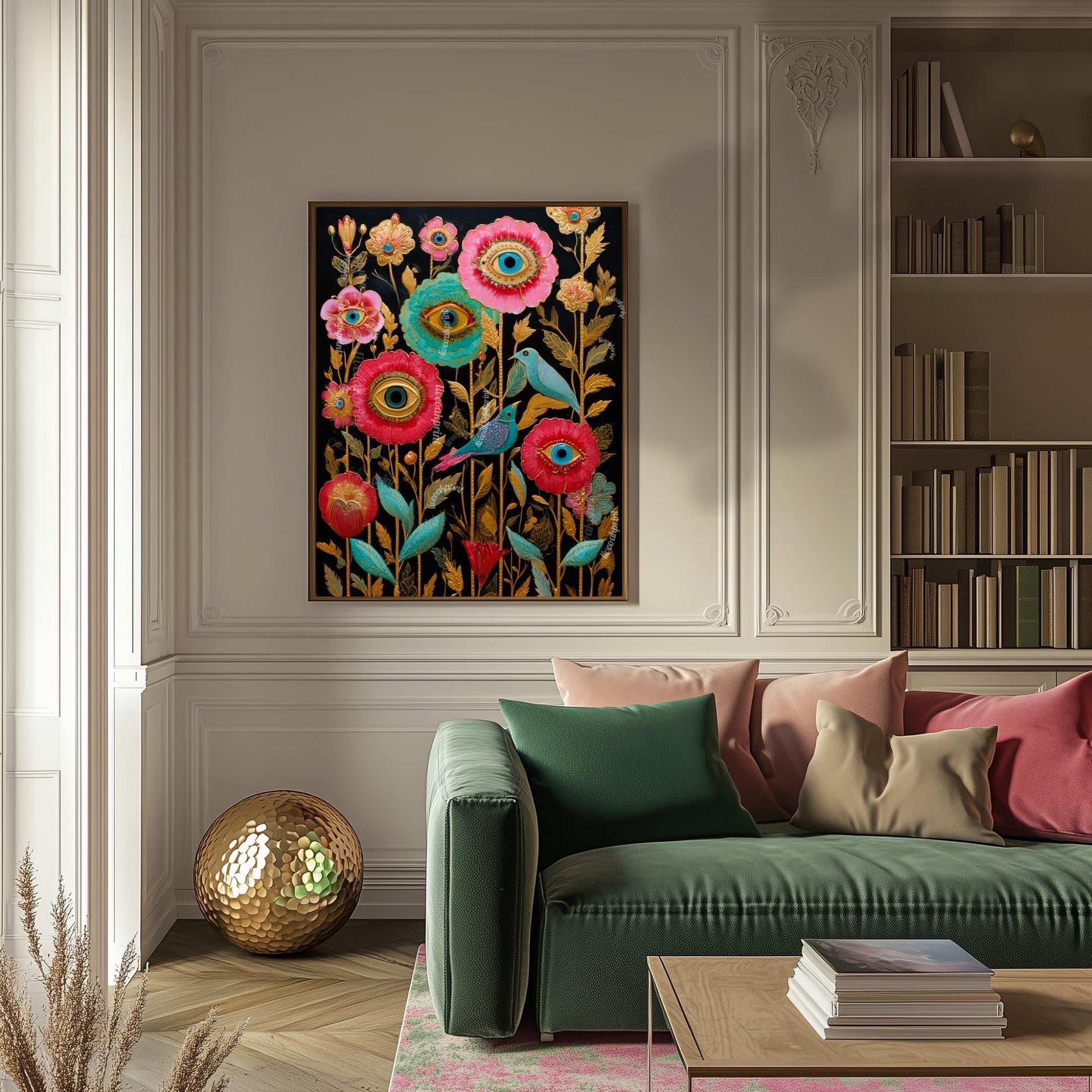 Surreal Flower Eye and Birds Art Print– Gold Botanical Wall Art with Birds, Mystical Garden Decor, Trippy Boho Print for Living Room Bedroom