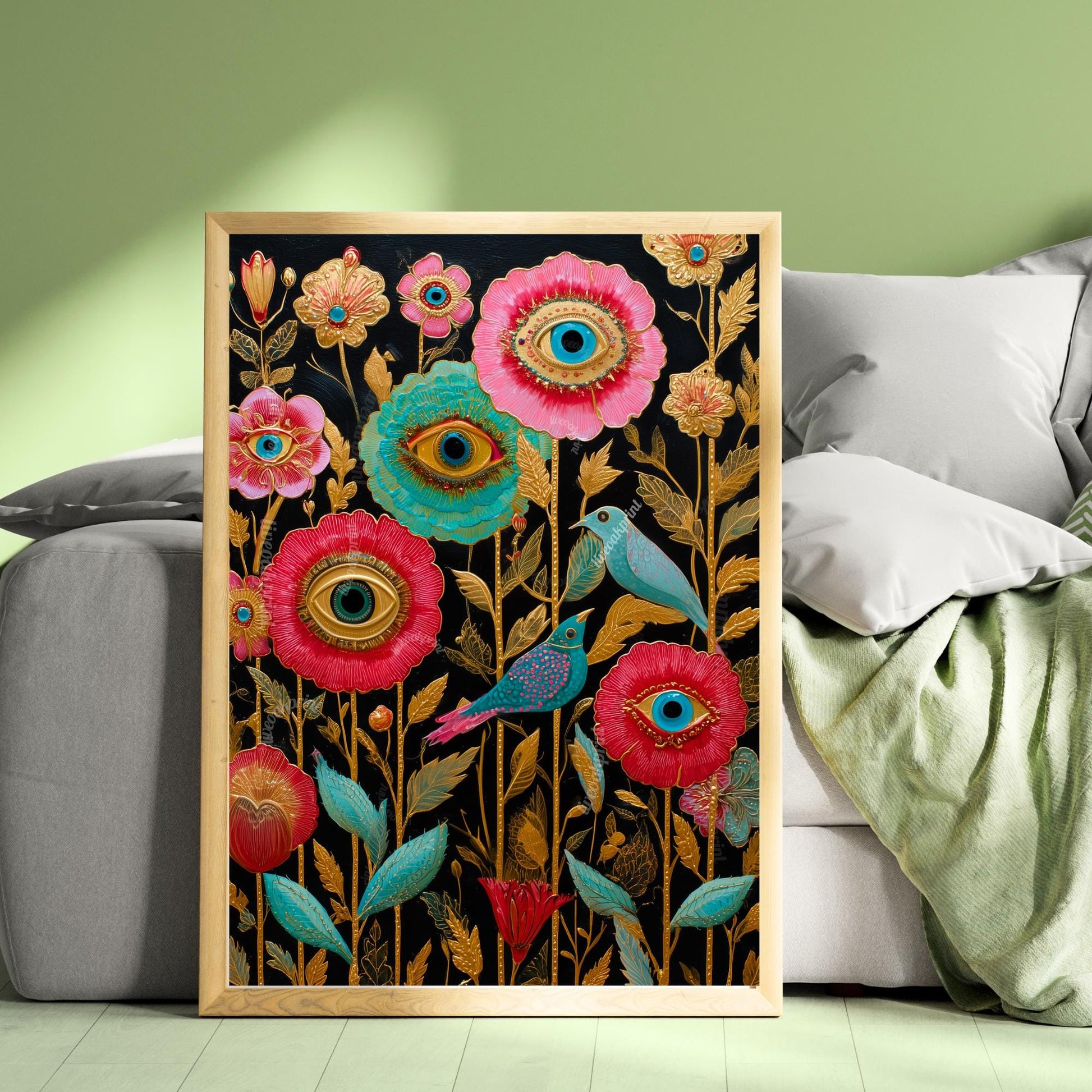 Surreal Flower Eye and Birds Art Print– Gold Botanical Wall Art with Birds, Mystical Garden Decor, Trippy Boho Print for Living Room Bedroom