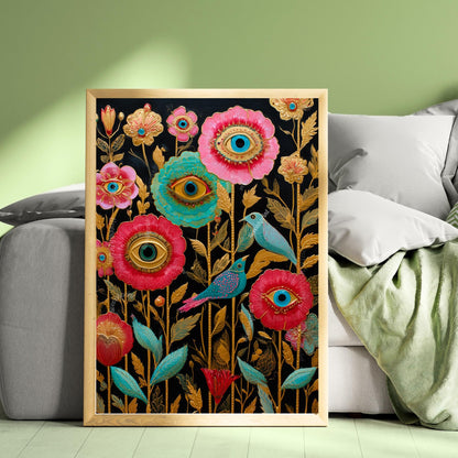 Surreal Flower Eye and Birds Art Print– Gold Botanical Wall Art with Birds, Mystical Garden Decor, Trippy Boho Print for Living Room Bedroom