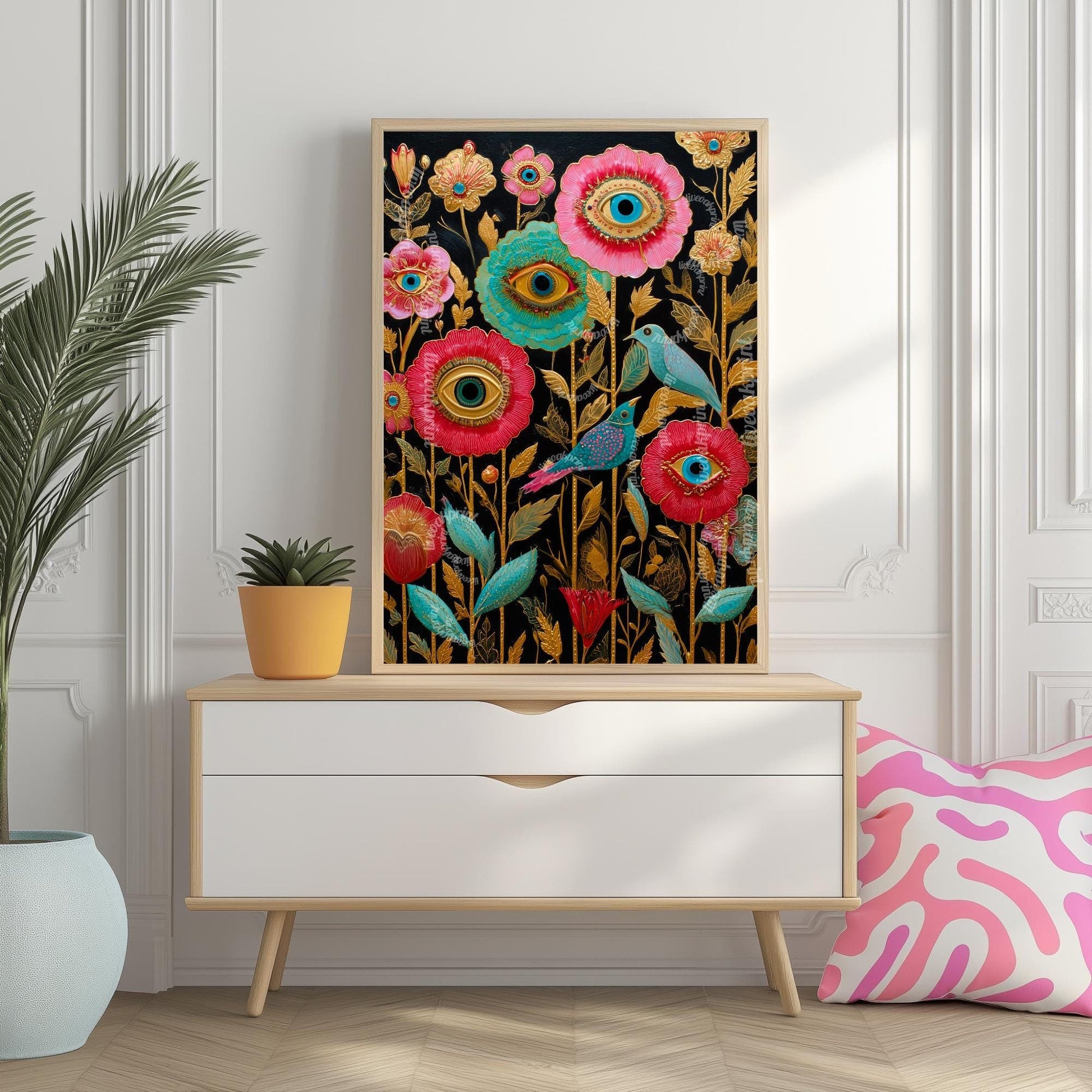 Surreal Flower Eye and Birds Art Print– Gold Botanical Wall Art with Birds, Mystical Garden Decor, Trippy Boho Print for Living Room Bedroom