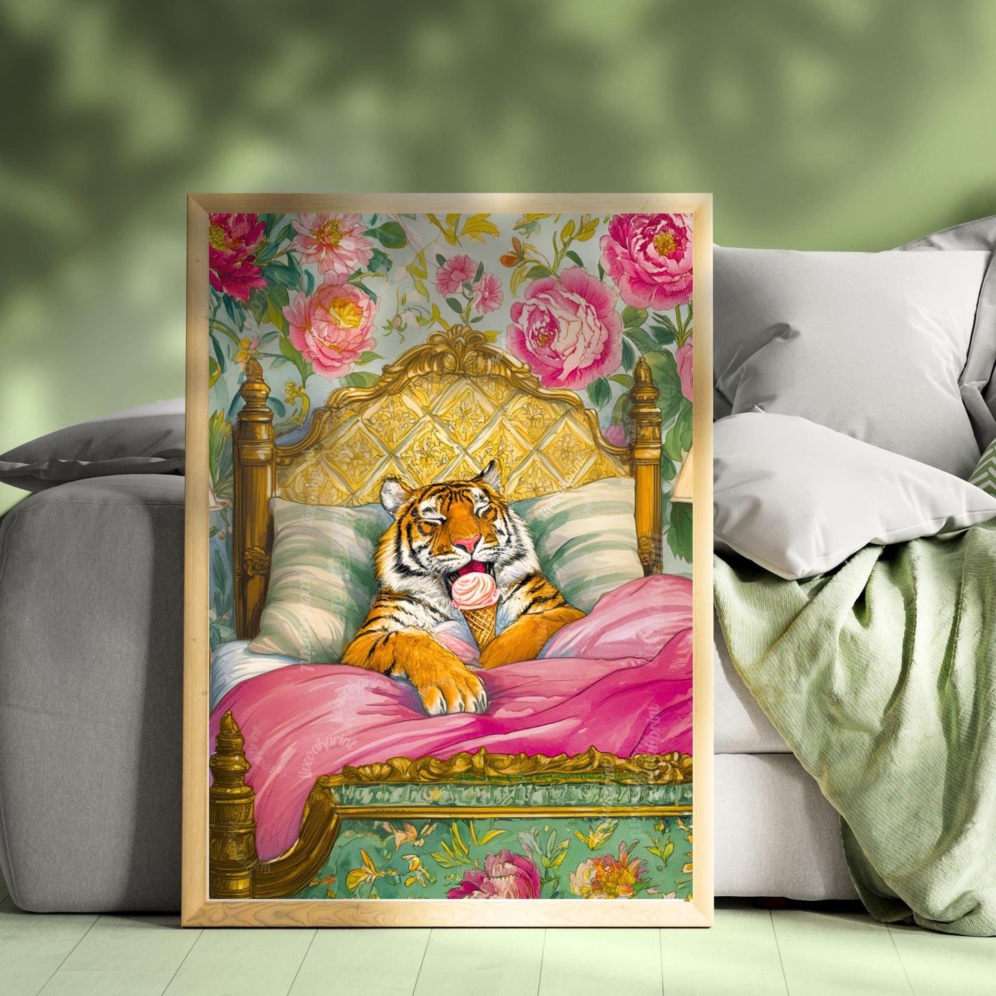 Tiger Loves Ice Cream in Bed & I Can't Blame Her - Tiger Wall Art Maximalist Bedroom Decor Luxury Wall Art Dessert Wall Decor Tiger