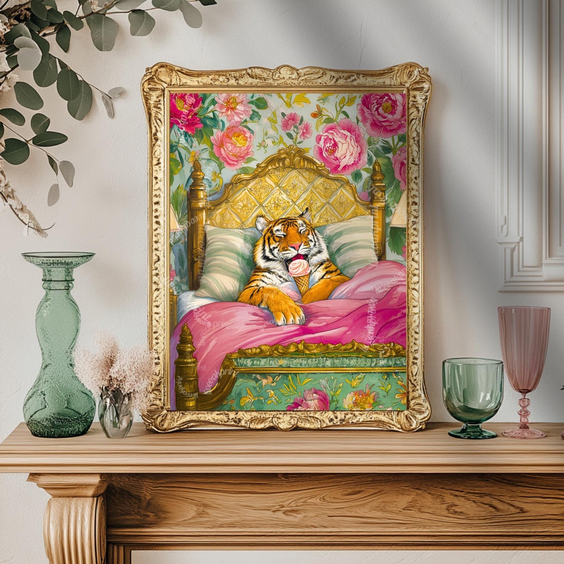 Tiger Loves Ice Cream in Bed & I Can't Blame Her - Tiger Wall Art Maximalist Bedroom Decor Luxury Wall Art Dessert Wall Decor Tiger