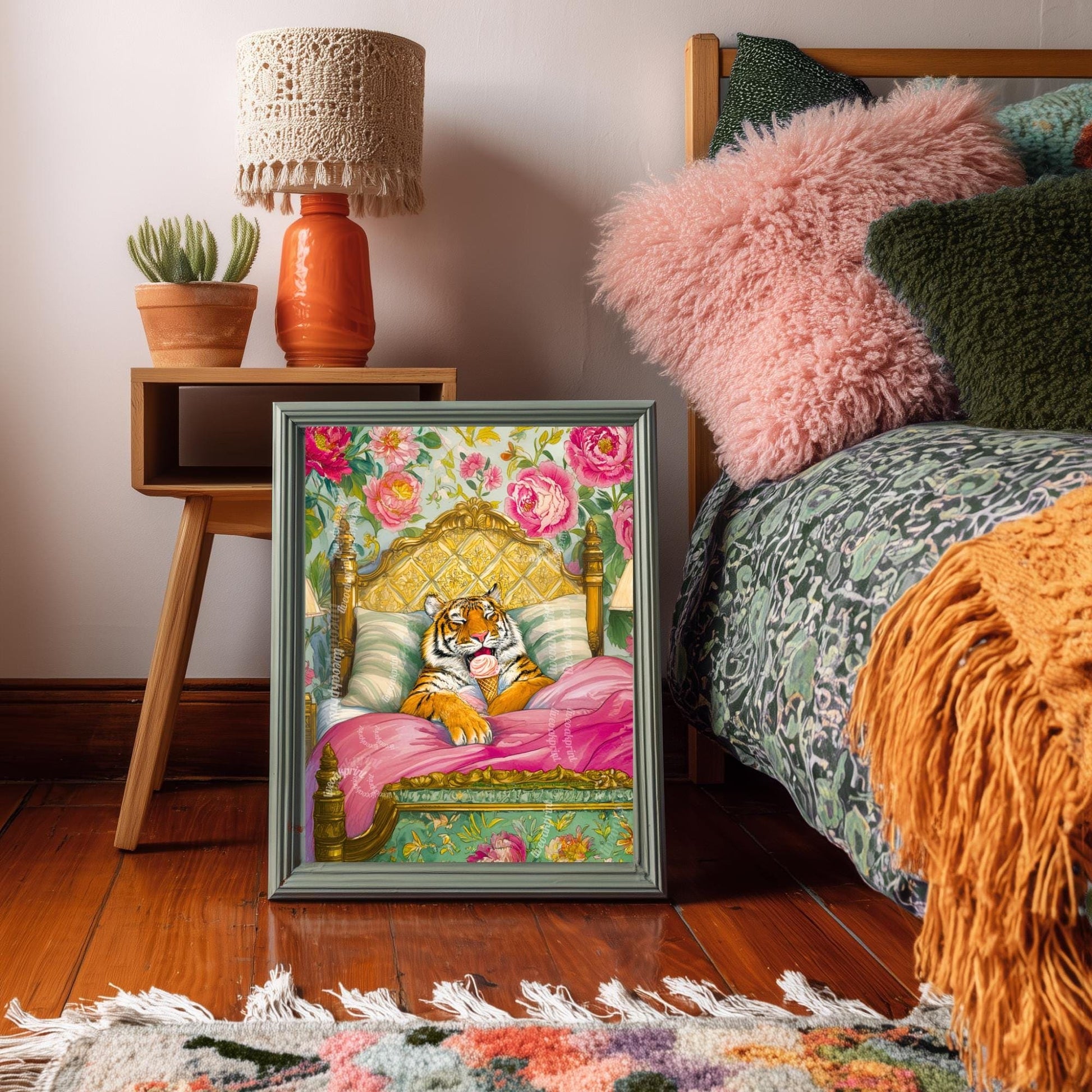 Tiger Loves Ice Cream in Bed & I Can't Blame Her - Tiger Wall Art Maximalist Bedroom Decor Luxury Wall Art Dessert Wall Decor Tiger
