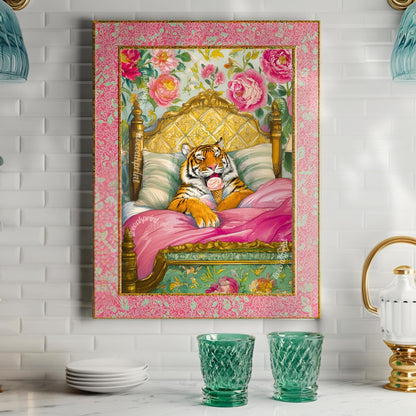 Tiger Loves Ice Cream in Bed & I Can't Blame Her - Tiger Wall Art Maximalist Bedroom Decor Luxury Wall Art Dessert Wall Decor Tiger