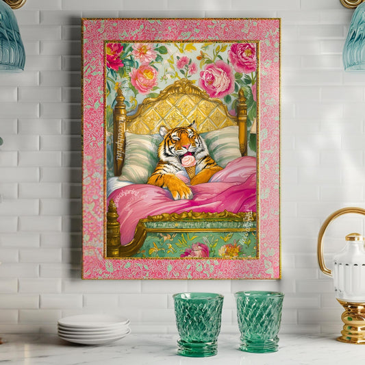 Tiger Loves Ice Cream in Bed & I Can't Blame Her - Tiger Wall Art Maximalist Bedroom Decor Luxury Wall Art Dessert Wall Decor Tiger